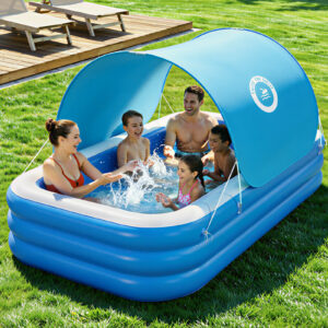 HeySplash Inflatable Pool with Canopy, Swimming Pool for Adults, Large Blow Up Pool Ideal for Family Backyard Garden Party, Outdoor Summer Fun, 118" x 69" x 24"(Blue)