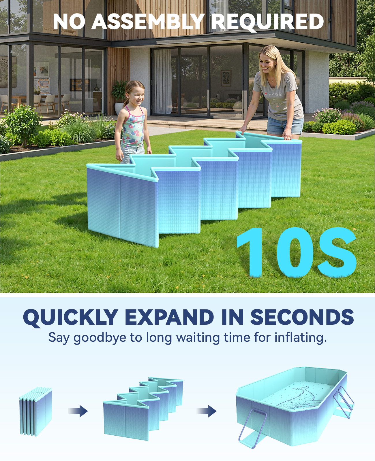 HeySplash Foldable Pool, Non-Inflatable Swimming Pool with Rigid Puncture-Proof Hard Composite Board, Kiddie Pool Outdoor Pool, Adults & Kids Pool for Backyard Garden Dog Pool 78"×53"×19", Ice Blue - Image 4